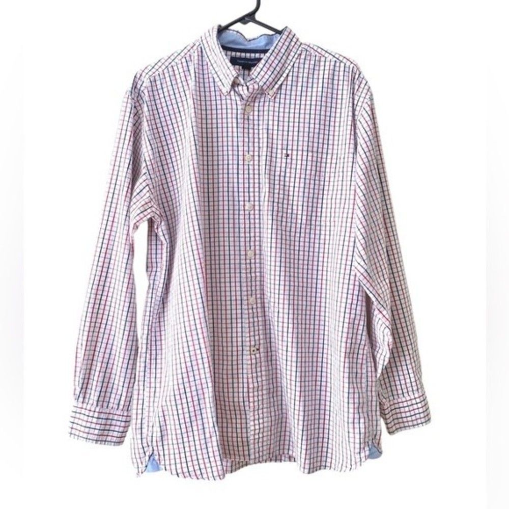 Tommy Hilfiger Button Down Shirt Grid Print Long Sleeve Cotton size L